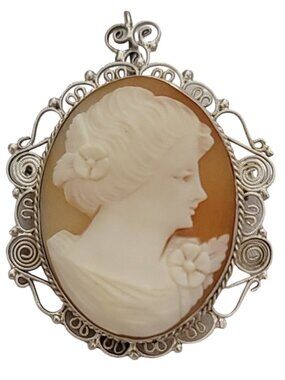 800 Sterling Silver Carved Shell Cameo C-Clasp Brooch Pendant K91